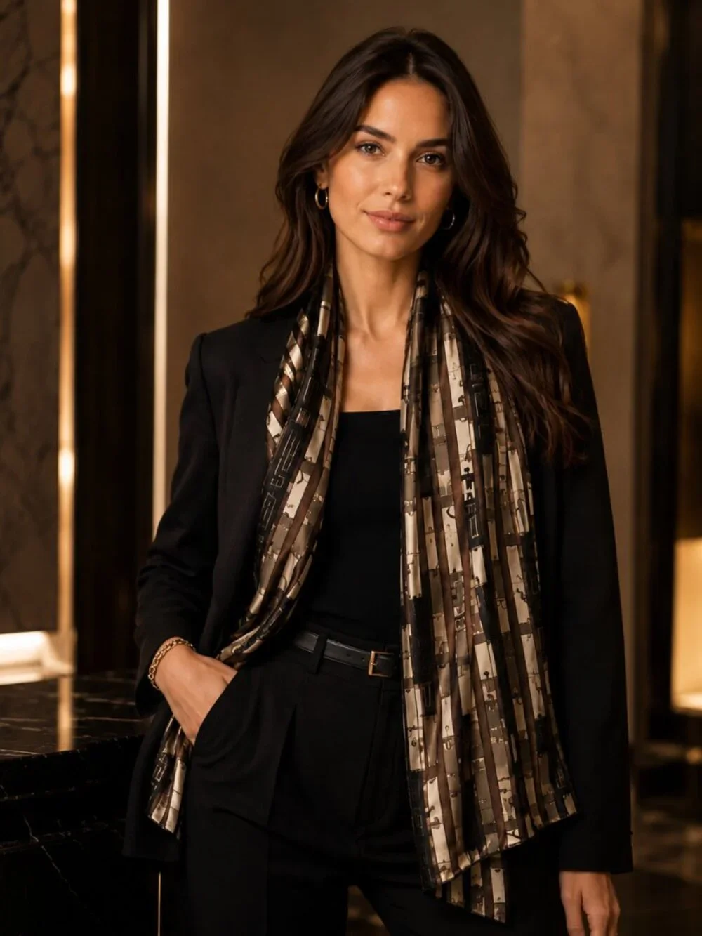 Vintage Metallic Geometric Chiffon Scarf — Korea Made | Quiet Luxury Sheer State
